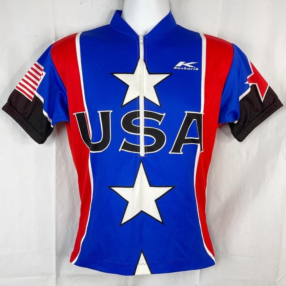 USA Stars America Patriotic Kucharik 1/2 Zip M Cycling Jersey Medium Mens 40x26 - Picture 2 of 9